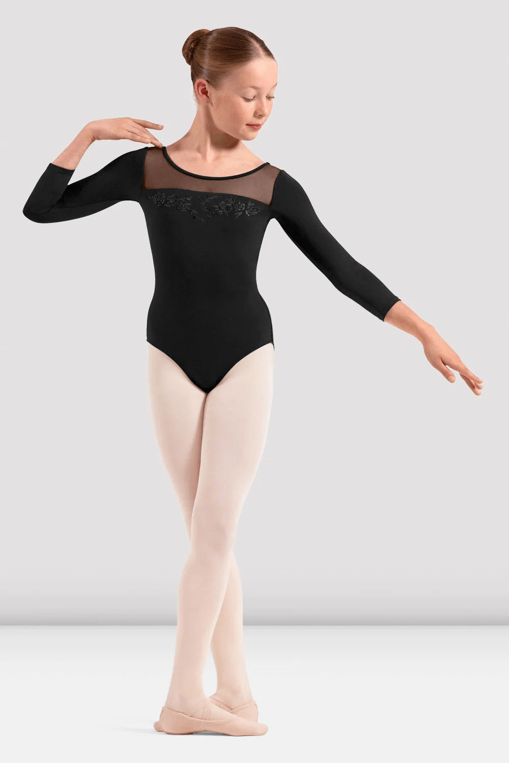 FLORAL EMBROIDERED 3/4 SLEEVE LEOTARD- YOUTH